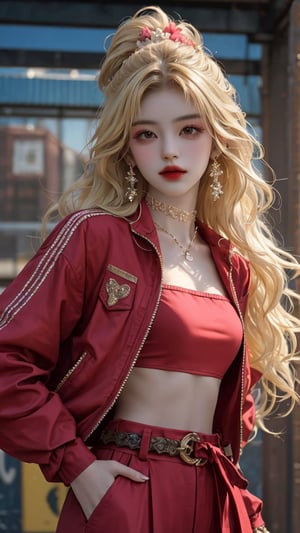  masterpiece art, 8k, (A beautiful teen girl with a skinny body), (yellow wavy hair) , she is wearing a (red jacket), (black designed Palazzo pants), (waist knot belt), (flower choker), fashion style clothing. Necklace, jewelry, Her toned body suggests her great strength. The girl is dancing hip-hop and doing all kinds of cool moves.,newspapee background,shot from a distance,detailed art Sohwa,medium full shot,skinny,Detailedface