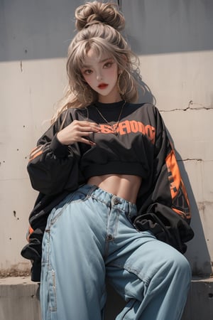  A beautiful girl with skinny body, sheis wearing a cool black jacket and sitting-back hippie-style orange crop top and baggy pants, sneakers, hip-hop style clothing. Her toned body suggests her great strength. The girl is dancing hip-hop and doing all kinds of cool moves. Shot from a distance.,Sohwa,medium full shot
