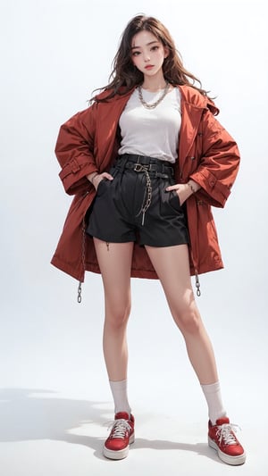 1girl, solo, long hair, (red oversized coat), (low rise cargo shorts), (waist belts), (black Fishnet Socks), (red sneakers), (long neck chain), Confidence and pride,1 girl ,beauty,Young beauty spirit, realistic, ultra detailed, photo shoot, raw photo,(brilliant composition),white_background