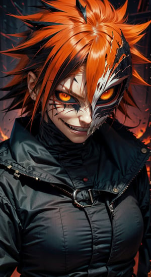 score_9, score_8_up, score_7_up, charcoal art, 1girl, a portrait vampire girl with scary face,hollow mask ichigo, colored sclera, black sclera, orange hair, looking at viewer, spiked hair, girl focus, solo, looking_at_viewer,CryingBlood,hollow mask ichigo