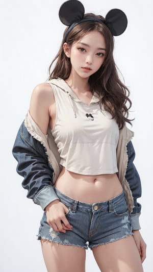 1girl, solo, long hair, (brown hoodie), (Mickey_mouse headband), (low rise denim shorts), sneakers, Confidence and pride,1 girl ,beauty,Young beauty spirit, realistic, ultra detailed, photo shoot, raw photo,white_background