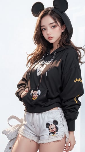 1girl, solo, long hair, (black hoodie), (Mickey Mouse hoodie ear), (low rise shorts), sneakers, Confidence and pride,1 girl ,beauty,Young beauty spirit, realistic, ultra detailed, photo shoot, raw photo,white_background,mickeymouse_theme