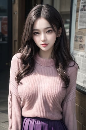 best quality, masterpiece, detailed, 16k, (color, colorful), (muted color, dim color), (noir), beautiful detailed face, beautiful detailed eyes, 8k, femalesolo, prefect body, prefect face, A korean cute girl, very fair skin tone, long white curly hair, red shiny lips((heavy lower lips)), ((purple sweater and pink long skirt)), (newspaper wall background), sweet smile, Detailedface,pastelbg,newspaper wall, 