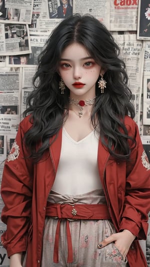 (A beautiful teen girl with a skinny body), (black wavy hair), she is wearing a (red jacket), (black designed Palazzo pants), (waist knot belt), (flower choker), fashion style clothing. Necklace, jewelry, mole, makeup, Her toned body suggests her great strength, newspaper background,(shot from a distance,medium full shot),skinny,