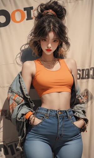  A beautiful girl with a slim figure is wearing a cool jacket and laid-back hippie-style orange crop top and loose pants, hip-hop style clothing. Her toned body suggests her great strength. The girl is dancing hip-hop and doing all kinds of cool moves. Shot from a distance.,Sohwa,medium full shot,Detailedface