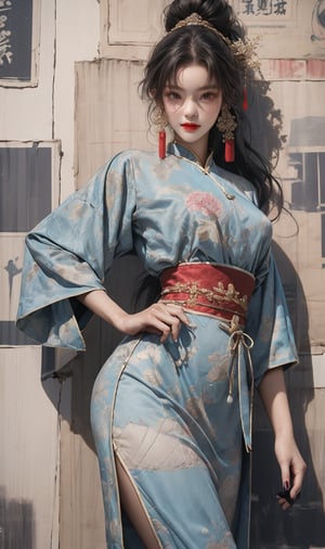  A beautiful girl with a skinny figure, sheis wearing a Chinese traditional style clothes, traditional style clothing. Her toned body suggests her great strength. The girl is dancing hip-hop and doing all kinds of cool moves. Shot from a distance.,Sohwa,medium full shot