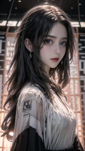 best quality, masterpiece, detailed, 16k, (color, colorful), (muted color, dim color), (noir), beautiful detailed face, beautiful detailed eyes, 8k, femalesolo, prefect body, prefect face, A korean cute girl, very fair skin tone, ((long white curly hair)), red shiny lips((heavy lower lips)), ((luxurious brown top and black long skirt)), (newspaper wall background), sweet smile, Detailedface,pastelbg,newspaper wall, ,magazine cover,upper_body