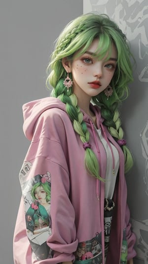 1girl, solo, long hair, looking at viewer, purple frock, red oversized hoodie, jewelry, closed mouth, green hair, pink hair, multi-tone hair, braid hair, twins braids, long hair, long wavy hair, cowboy shot, earrings, red hoodie, frock, mole, bracelet, lips, grey eyes, plaid, wavy hair, long frock, oversized_clothing, hoodie, photo, ((simple newspaper wall background)),fashiongirl,newspaper