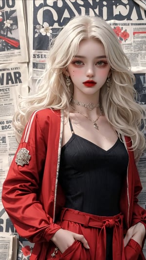 (A beautiful teen girl with a skinny body), (white wavy hair), she is wearing a (red jacket), (black designed Palazzo pants), (waist knot belt), (flower choker), fashion style clothing. Necklace, jewelry, mole, makeup, Her toned body suggests her great strength, (newspaper background),(shot from a distance,medium full shot),skinny,