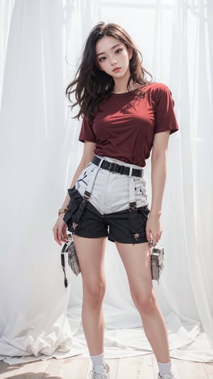 1girl, solo, black long hair, (red shirt), (low rise cargo shorts), (waist belts), (white pump shoes), Confidence and pride,1 girl ,beauty,Young beauty spirit, realistic, ultra detailed, photo shoot, raw photo,(brilliant composition),fullwhite_background