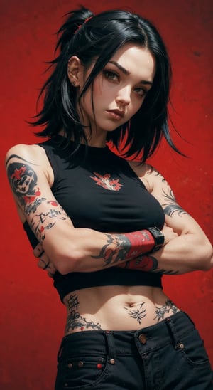 score_9, score_8_up, score_7_up, (midriff:1.2), charcoal art, 1girl, a portrait goth girl with natural face, black lips, (((hand punch own arms))), red background, midriff, medium breasts, arm tattoo, neck tattoo, urban tech, looking_at_viewer