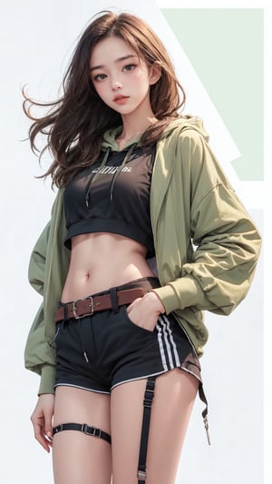 1girl, solo, long hair, (green full sleeves crop hoodie), (low rise shorts), (waist belts), (red sneakers), Confidence and pride,1 girl ,beauty,Young beauty spirit, realistic, ultra detailed, photo shoot, raw photo,(brilliant composition),white_background