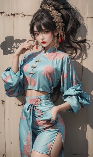  A beautiful girl with a slim figure is wearing a Chinese traditional style clothes, hip-hop style clothing. Her toned body suggests her great strength. The girl is dancing hip-hop and doing all kinds of cool moves. Shot from a distance.,Sohwa,medium full shot