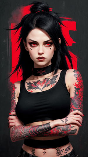 score_9, score_8_up, score_7_up, (midriff:1.2), charcoal art, 1girl, a portrait goth girl with natural face, black lips, (((hand on own arms))), red background, midriff, medium breasts, arm tattoo, neck tattoo, urban tech, looking_at_viewer