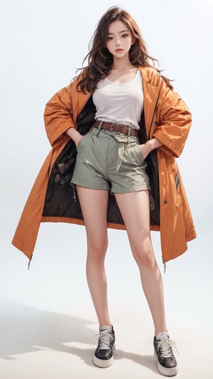1girl, solo, long hair, (orange oversized coat), (low rise cargo shorts), (waist belts), (red sneakers), Confidence and pride,1 girl ,beauty,Young beauty spirit, realistic, ultra detailed, photo shoot, raw photo,(brilliant composition),white_background