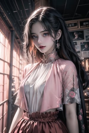 best quality, masterpiece, detailed, 16k, (color, colorful), (muted color, dim color), (noir), beautiful detailed face, beautiful detailed eyes, 8k, femalesolo, prefect body, prefect face, A korean cute girl, very fair skin tone, long white curly hair, red shiny lips((heavy lower lips)), ((luxurious orange top and pink long skirt)), (newspaper wall background), sweet smile, Detailedface,pastelbg,newspaper wall, ,magazine cover