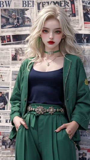 (A beautiful teen girl with a skinny body), (white wavy hair), she is wearing a (green jacket), (black designed Palazzo pants), (waist knot belt), (flower choker), fashion style clothing. Necklace, jewelry, mole, makeup, Her toned body suggests her great strength, (newspaper background),(shot from a distance,medium full shot),skinny,