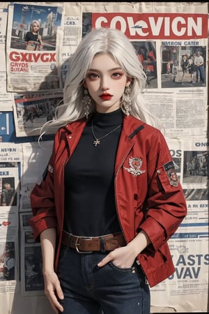 1girl, solo, long hair, breasts, looking at viewer, shirt, jewelry, standing, red jacket, white hair, cowboy shot, earrings, open clothes, belt, pants, mole, open jacket, lips, black shirt, makeup, black pants, lipstick, ground vehicle, red jacket, watch, hand in pocket, red lips, wristwatch, poster \(object\), newspaper background