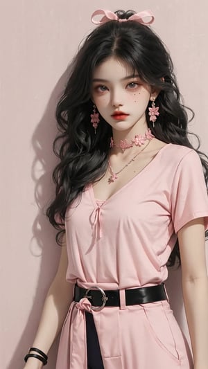 (A beautiful teen girl with a skinny body), looking at viewer, (black wavy hair), she is wearing a (pink shirt), (black designed Palazzo pants), (waist ribbon belt), (flower choker), sneakers, fashion style clothing. Necklace, jewelry, mole, makeup, Her toned body suggests her great strength, newspaper background,(shot from a distance,medium full shot),skinny,