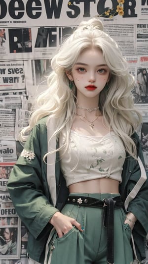 (A beautiful teen girl with a skinny body), (white wavy hair), she is wearing a (green jacket), (black designed Palazzo shorts), (waist knot belt), (flower choker), fashion style clothing. Necklace, jewelry, mole, makeup, Her toned body suggests her great strength, (newspaper background),(shot from a distance,medium full shot),skinny,