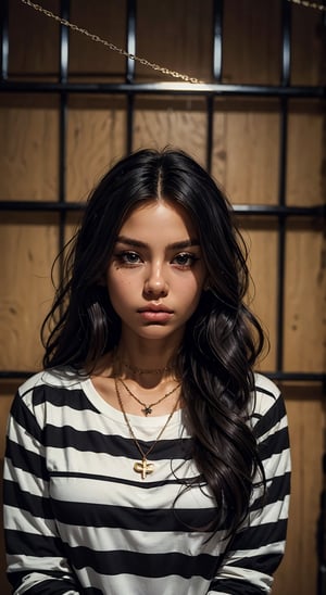 1girl, prisoner, solo, long hair, looking at viewer, shirt, black hair, long sleeves, jewelry, closed mouth, upper body, striped, necklace, hair over one eye, lips, wavy hair, messy hair, striped shirt, chain necklace, prison clothes