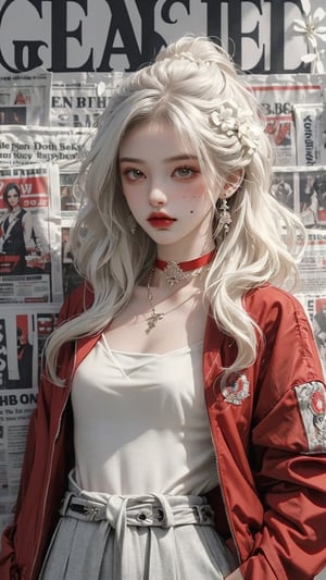 (A beautiful teen girl with a skinny body), (white wavy hair), she is wearing a (red jacket), (black designed Palazzo pants), (waist knot belt), (flower choker), fashion style clothing. Necklace, jewelry, mole, makeup, Her toned body suggests her great strength, (newspaper background),(shot from a distance,medium full shot),skinny,