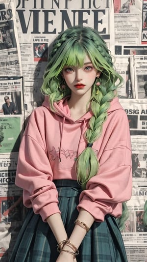 1girl, solo, long hair, looking at viewer, purple skirt, red oversized hoodie, jewelry, closed mouth, green hair, pink hair, multi-tone hair, braid hair, twins braids, long hair, long wavy hair, cowboy shot, earrings, red hoodie, skirt, mole, bracelet, lips, grey eyes, plaid, wavy hair, short skirt, oversized_clothing, hoodie, photo, (newspaper cover background),fashiongirl,midjourney_anime_style