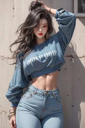  A beautiful girl with a slim figure is wearing a cool and laid-back hippie-style crop top and loose pants, street style clothing. Her toned body suggests her great strength. The girl is dancing hip-hop and doing all kinds of cool moves. Shot from a distance.,Sohwa,medium full shot