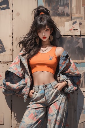  A beautiful girl with a slim figure is wearing a cool jacket and laid-back hippie-style orange crop top and baggy pants, hip-hop style clothing. Her toned body suggests her great strength. The girl is dancing hip-hop and doing all kinds of cool moves. Shot from a distance.,Sohwa,butterfly print wall,medium full shot