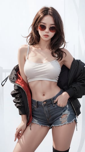 1girl, solo, long hair, (red sunglasses), (black top), (metal still spike jacket), (low rise shorts), (red socks), (sneakers), Confidence and pride,1 girl ,beauty,Young beauty spirit, realistic, ultra detailed, photo shoot, raw photo,(brilliant composition),white_background