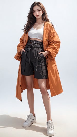 1girl, solo, long hair, (orange oversized coat), (low rise cargo shorts), (waist belts), (black stokings), (red sneakers), Confidence and pride,1 girl ,beauty,Young beauty spirit, realistic, ultra detailed, photo shoot, raw photo,(brilliant composition),white_background