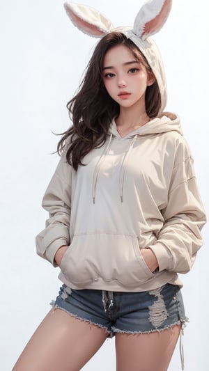 1girl, solo, long hair, (white hoodie), (rabbit hoodie ear), (low rise shorts), sneakers, Confidence and pride,1 girl ,beauty,Young beauty spirit, realistic, ultra detailed, photo shoot, raw photo,(brilliant composition),white_background