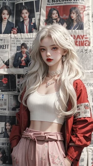 (A beautiful teen girl with a skinny body), (white wavy hair), she is wearing a (red jacket), (black designed Palazzo pants), (waist knot belt), (flower choker), fashion style clothing. Necklace, jewelry, mole, makeup, Her toned body suggests her great strength, (newspaper background),(shot from a distance,medium full shot),skinny,