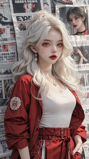 (A beautiful teen girl with a skinny body), (white wavy hair), she is wearing a (red jacket), (black designed Palazzo pants), (waist knot belt), (flower choker), fashion style clothing. Necklace, jewelry, mole, makeup, Her toned body suggests her great strength, (newspaper background),(shot from a distance,medium full shot),skinny,