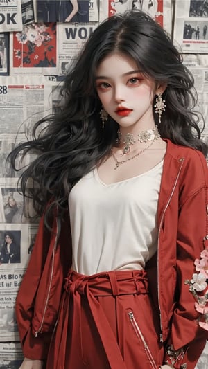 (A beautiful teen girl with a skinny body), (black wavy hair), she is wearing a (red jacket), (black designed Palazzo pants), (waist knot belt), (flower choker), fashion style clothing. Necklace, jewelry, Her toned body suggests her great strength, newspaper background,shot from a distance,medium full shot,skinny,