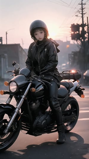 surreal, beautiful girl, wearing Geographer Motorcycle gear, at Sunset, split diopter, Movie still, Shameful, animification, photo_b00ster, brilliant composition