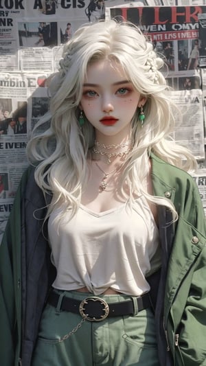 (A beautiful teen girl with a skinny body), (white wavy hair), she is wearing a (green jacket), (black designed Palazzo shorts), (waist knot belt), (flower choker), fashion style clothing. Necklace, jewelry, mole, makeup, Her toned body suggests her great strength, (newspaper background),(shot from a distance,medium full shot),skinny,