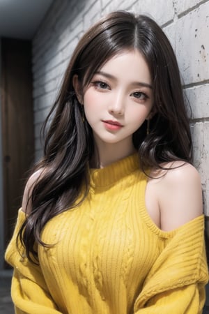 best quality, masterpiece, detailed, 16k, (color, colorful), (muted color, dim color), (noir), beautiful detailed face, beautiful detailed eyes, 8k, femalesolo, prefect body, prefect face, A korean cute girl, very fair skin tone, long white curly hair, red shiny lips((heavy lower lips)), ((yellow long sweater)), (newspaper wall background), sweet smile, Detailedface,pastelbg,newspaper wall, awsome pose, medium full shot