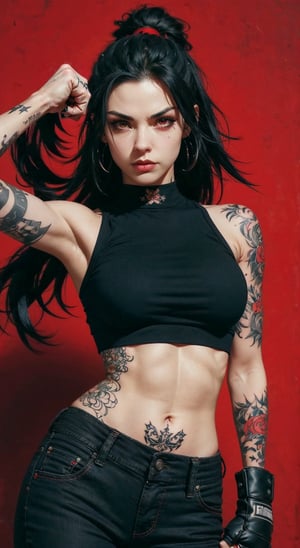 score_9, score_8_up, score_7_up, (midriff:1.2), charcoal art, 1girl, a portrait goth girl with natural face, black lips, (((hand punch own arms))), red background, midriff, medium breasts, arm tattoo, neck tattoo, urban tech, looking_at_viewer