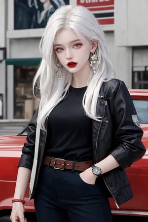 1girl, solo, long hair, breasts, looking at viewer, shirt, jewelry, standing, jacket, white hair, cowboy shot, earrings, open clothes, belt, pants, mole, open jacket, lips, black shirt, makeup, black pants, lipstick, ground vehicle, red jacket, watch, hand in pocket, red lips, wristwatch, poster \(object\)