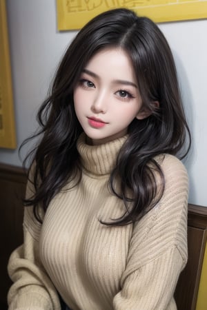 best quality, masterpiece, detailed, 16k, (color, colorful), (muted color, dim color), (noir), beautiful detailed face, beautiful detailed eyes, 8k, femalesolo, prefect body, prefect face, A korean cute girl, very fair skin tone, long white curly hair, red shiny lips((heavy lower lips)), ((yellow long sweater)), (newspaper wall background), sweet smile, Detailedface,pastelbg,newspaper wall, awsome pose