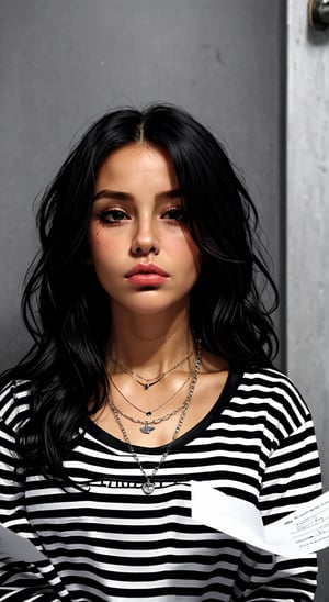 1girl, prisoner, solo, long hair, looking at viewer, shirt, black hair, long sleeves, jewelry, closed mouth, upper body, black and white striped prison T-shirt, necklace, hair over one eye, lips, wavy hair, messy hair, striped shirt, chain necklace, prison clothes, holding identify paper