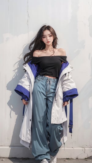 1girl, solo, long hair, white tank top, blue Off the shoulder long coat, baggy pants, sneakers, Confidence and pride,1 girl ,beauty,Young beauty spirit, realistic, ultra detailed, photo shoot, raw photo,(350x1536 ink art wall_background)