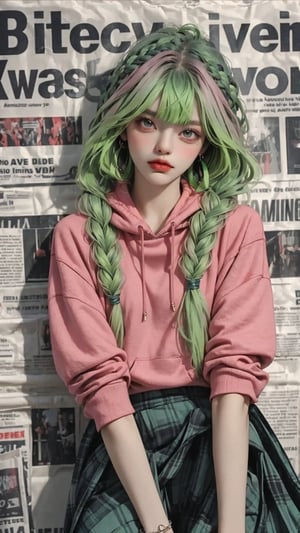 1girl, solo, long hair, looking at viewer, purple skirt, red oversized hoodie, jewelry, closed mouth, green hair, pink hair, multi-tone hair, braid hair, twins braids, long hair, long wavy hair, cowboy shot, earrings, red hoodie, skirt, mole, bracelet, lips, grey eyes, plaid, wavy hair, short skirt, oversized_clothing, hoodie, photo, (newspaper cover background),fashiongirl,newspaper