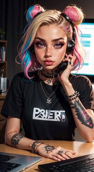 1girl, solo, long hair, looking at viewer, blonde hair, shirt, hair ornament, gloves, jewelry, blue hair, pink hair, heart, multicolored hair, earrings, hairclip, fingerless gloves, pink eyes, necklace, hair bun, bracelet, two-tone hair, english text, lips, black shirt, double bun, tattoo, makeup, headphones, piercing, t-shirt, ear piercing, clothes writing, spikes, eyeshadow, freckles, head rest, nose, arm tattoo, computer, monitor, laptop, keyboard \(computer\), mascara, gothic, mouse \(computer\), lip piercing, eyebrow piercing