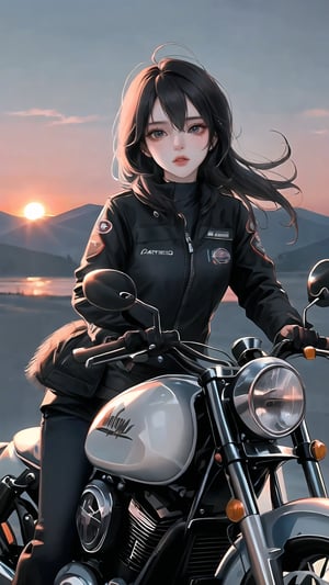 surreal, beautiful girl, wearing Geographer Motorcycle gear, at Sunset, split diopter, Movie still, Shameful, animification, photo_b00ster, brilliant composition