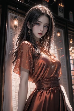 best quality, masterpiece, detailed, 16k, (color, colorful), (muted color, dim color), (noir), beautiful detailed face, beautiful detailed eyes, 8k, femalesolo, prefect body, prefect face, A korean cute girl, very fair skin tone, long white curly hair, red shiny lips((heavy lower lips)), ((luxurious orange top and red long skirt)), (newspaper wall background), sweet smile, Detailedface,pastelbg,newspaper wall, ,magazine cover