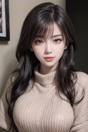 best quality, masterpiece, detailed, 16k, (color, colorful), (muted color, dim color), (noir), beautiful detailed face, beautiful detailed eyes, 8k, femalesolo, prefect body, prefect face, A korean cute girl, very fair skin tone, long white curly hair, red shiny lips((heavy lower lips)), ((brown long sweater)), (newspaper wall background), sweet smile, Detailedface,pastelbg,newspaper wall, awsome pose, medium full shot