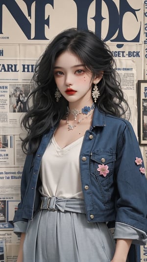 (A beautiful teen girl with a skinny body), (black wavy hair), she is wearing a (blue jacket), (black designed Palazzo pants), (waist knot belt), (flower choker), fashion style clothing. Necklace, jewelry, mole, makeup, Her toned body suggests her great strength, newspaper background,(shot from a distance,medium full shot),skinny,