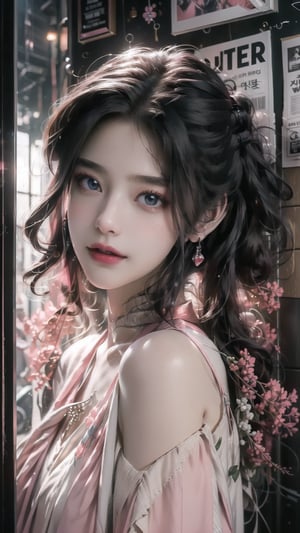 best quality, masterpiece, detailed, 16k, (color, colorful), (muted color, dim color), (noir), beautiful detailed face, beautiful detailed eyes, 8k, femalesolo, prefect body, prefect face, A korean cute girl, very fair skin tone, ((long white curly hair)), red shiny lips((heavy lower lips)), ((luxurious red top and pink long skirt)), (newspaper wall background), sweet smile, Detailedface,pastelbg,newspaper wall, ,magazine cover